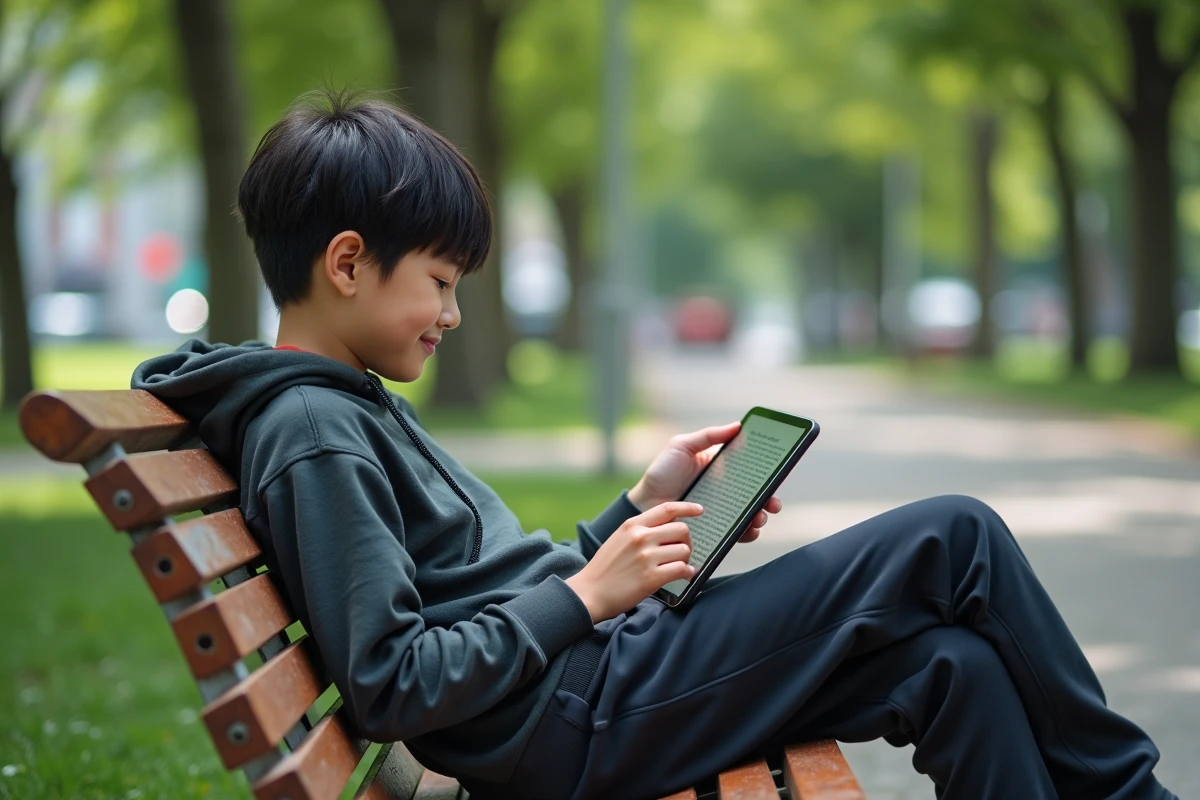 Adolescent lisant manga sur tablette dans un parc verdoyant