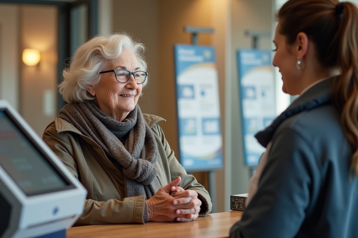 Retraitée parlant avec une assistante au centre communautaire