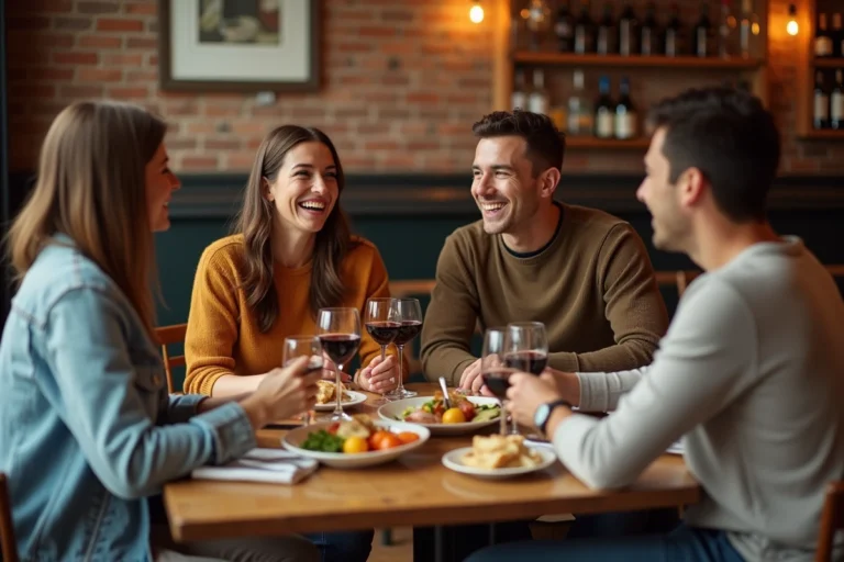 Groupe d'amis souriants dans un bistro français convivial