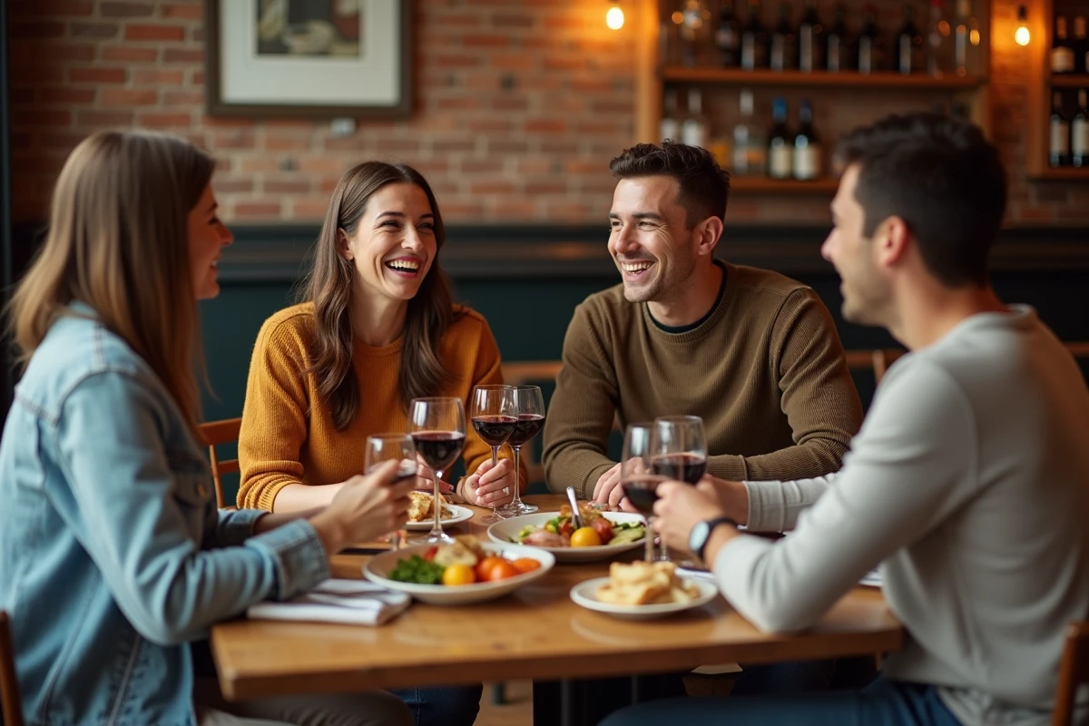 Groupe d'amis souriants dans un bistro français convivial