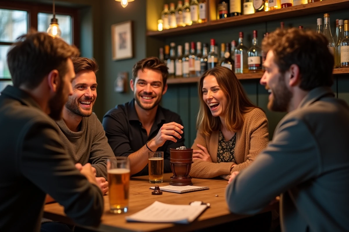 Groupe d'amis jouant au 421 dans un bar bistrot français avec un cornet à dés en cuir et des verres de boisson
