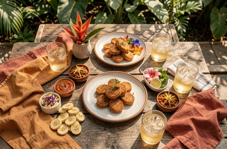 Table d'apéro dînatoire créole avec accras de morue, sauce pimentée et plantains grillés sur une terrasse tropicale