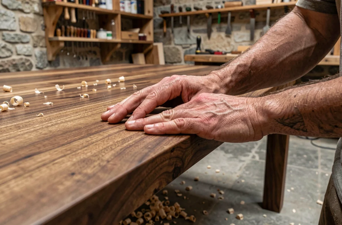 Artisan qui ponce une table en noyer massif dans un atelier de menuiserie traditionnel