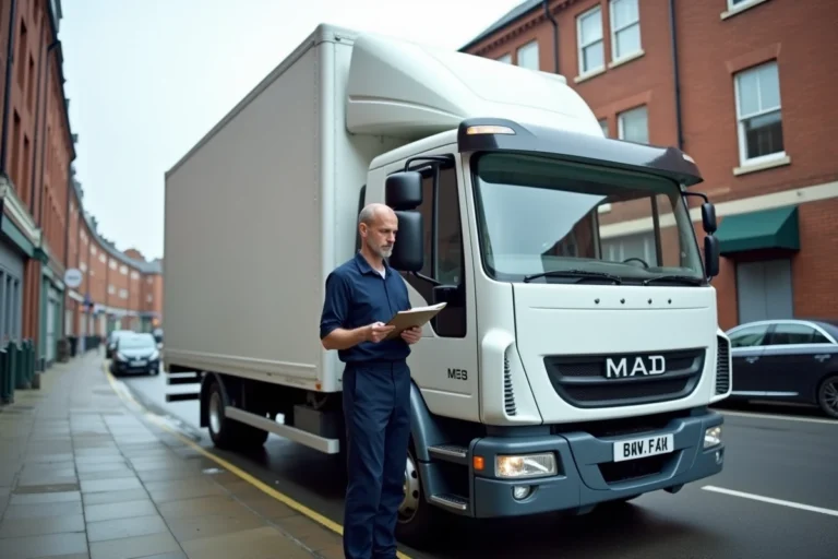 Camion 3,5 tonnes blanc garé en milieu urbain avec chauffeur professionnel consultant des documents devant le véhicule