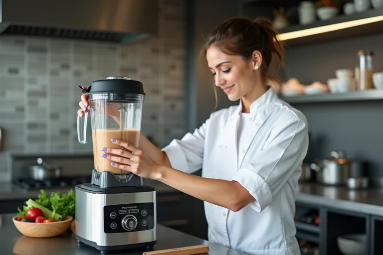 Femme chef en cuisine moderne préparant un smoothie
