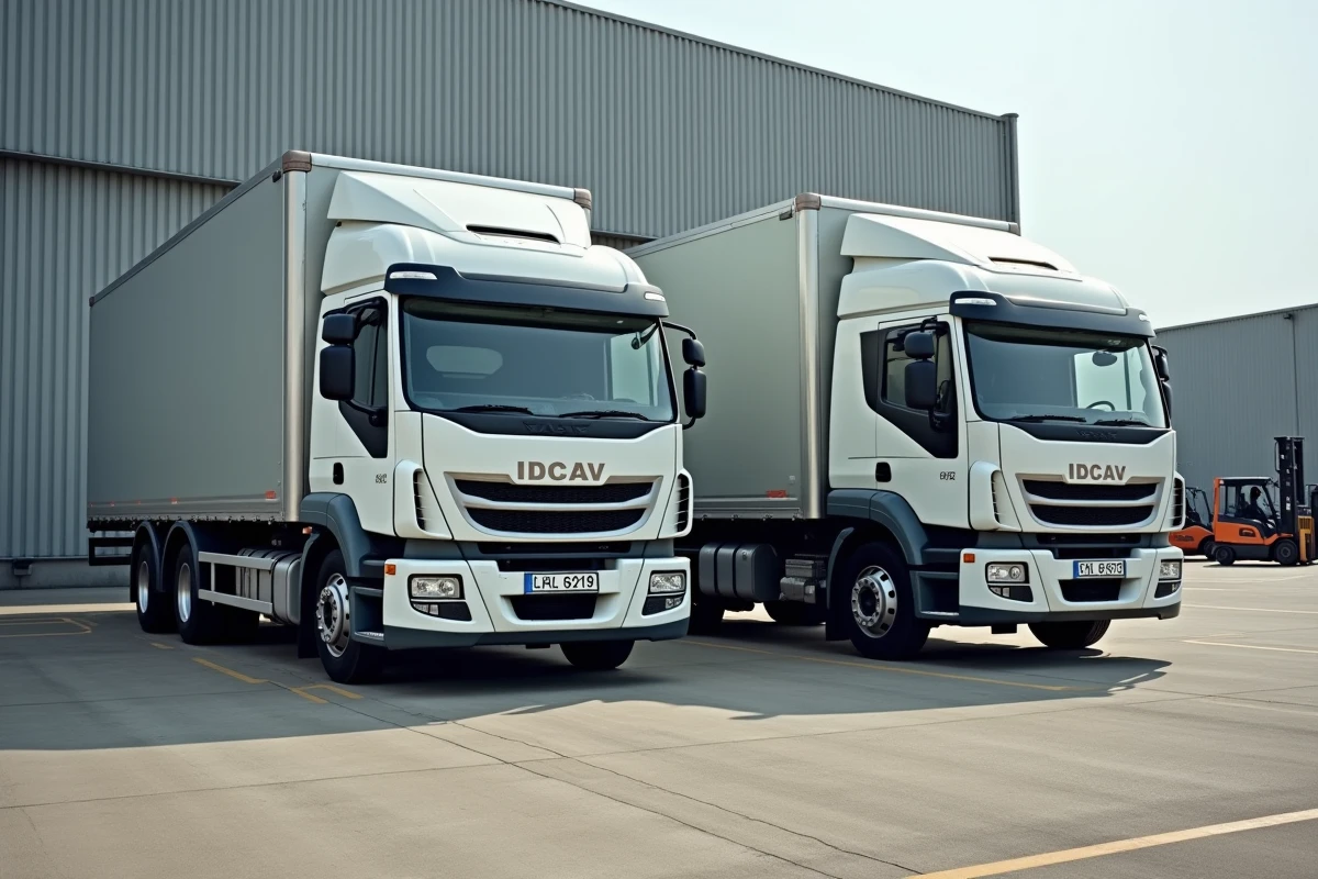 Deux camions 3,5 tonnes de types différents côte à côte dans une cour logistique montrant leurs dimensions et configurations de carrosserie