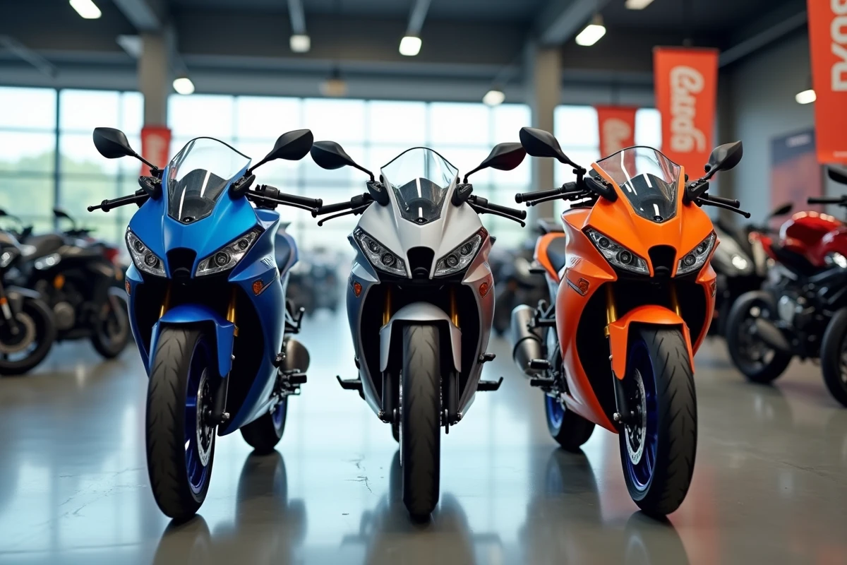 Trois motos sportives 125cc alignées en concession, comparatif couleurs bleu mat, argent et orange brillant