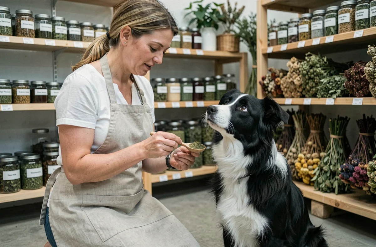 Femme préparant des compléments naturels à base de plantes pour son chien Border Collie dans une boutique de phytothérapie