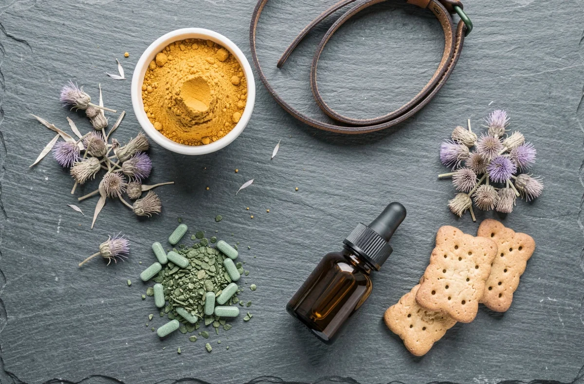 Vue aérienne de plantes médicinales et compléments naturels pour chien disposés sur ardoise, incluant curcuma, chardon-marie et spiruline