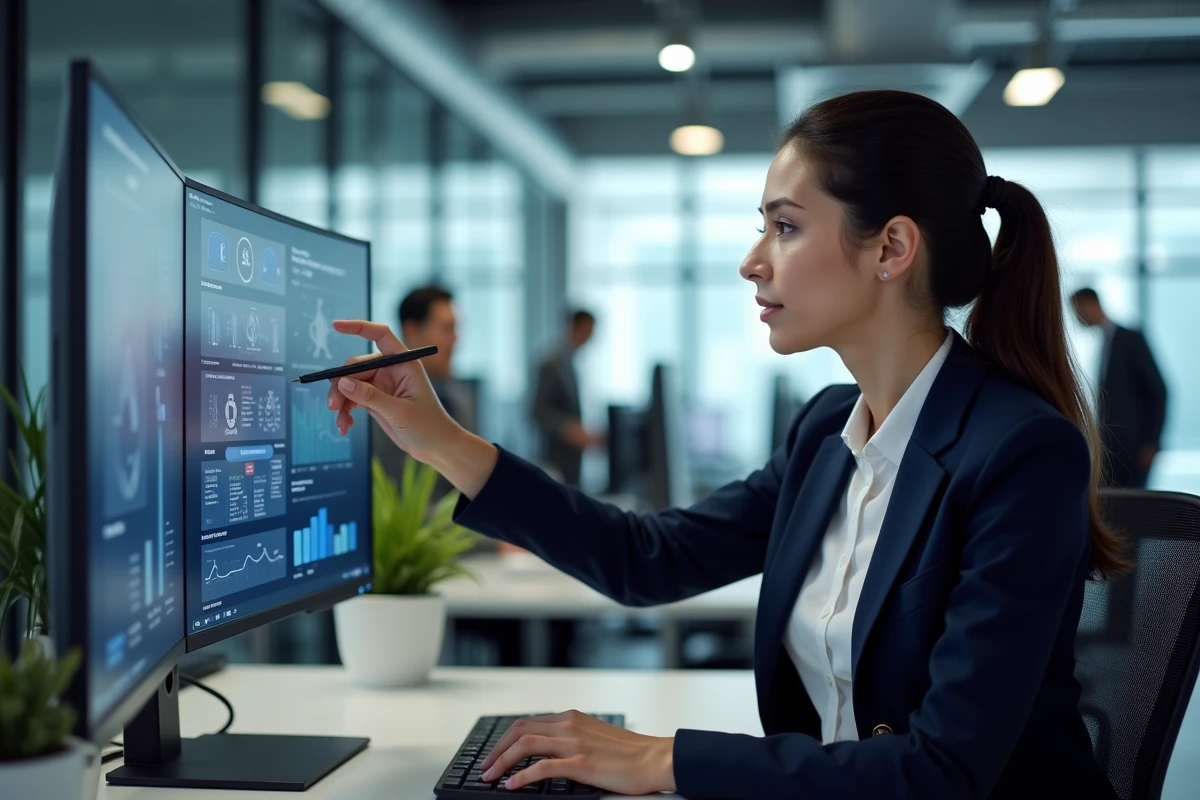 Consultante en informatique d'entreprise travaillant sur des logiciels sur mesure dans un bureau moderne