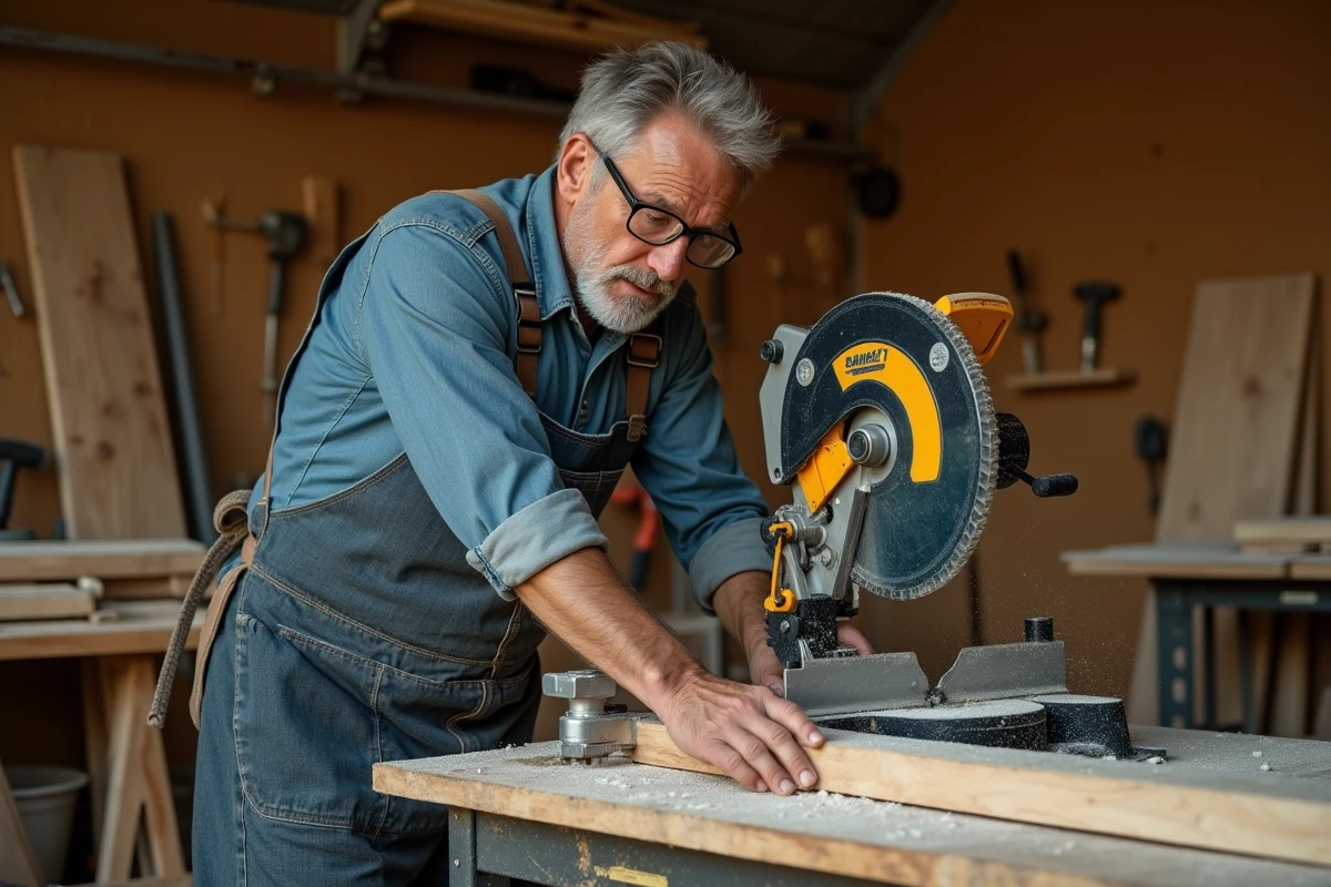 Menuisier réalisant une coupe en biais à 45 degrés sur une planche en bois avec une scie à onglets dans un atelier de menuiserie rustique