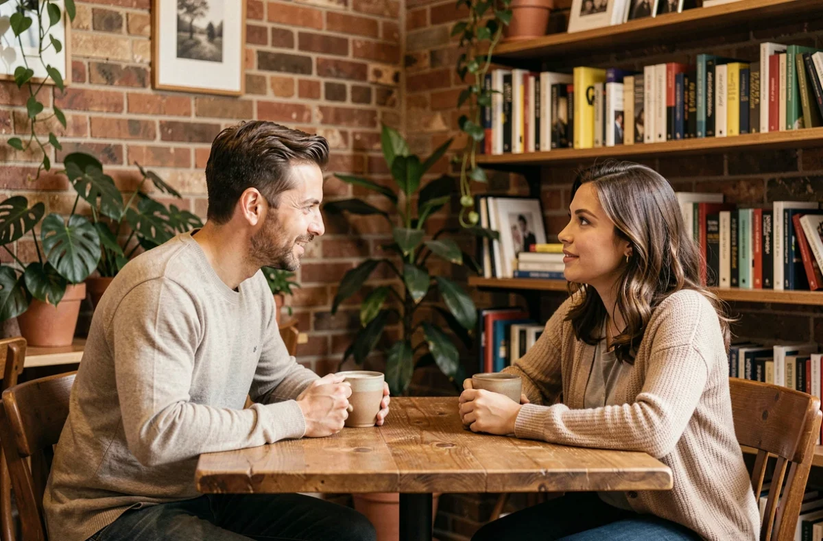 Un homme et une femme en conversation dans un café, illustrant le sous-texte émotionnel derrière l'expression 'fais attention à toi' entre deux personnes