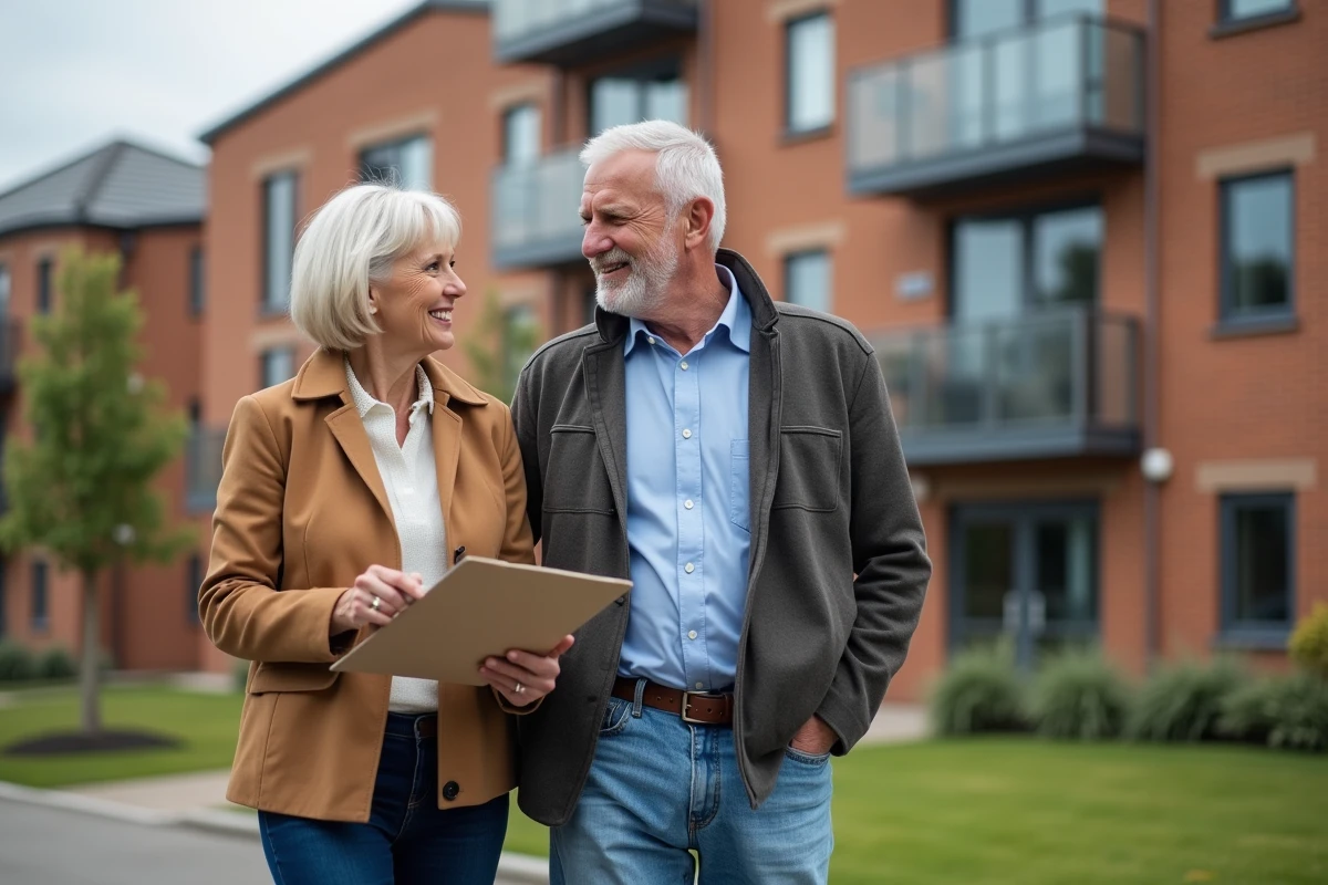 Couple discutant devant un immeuble résidentiel neuf