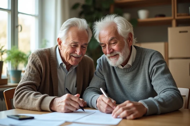 Couple retraité remplissant des papiers à la cuisine