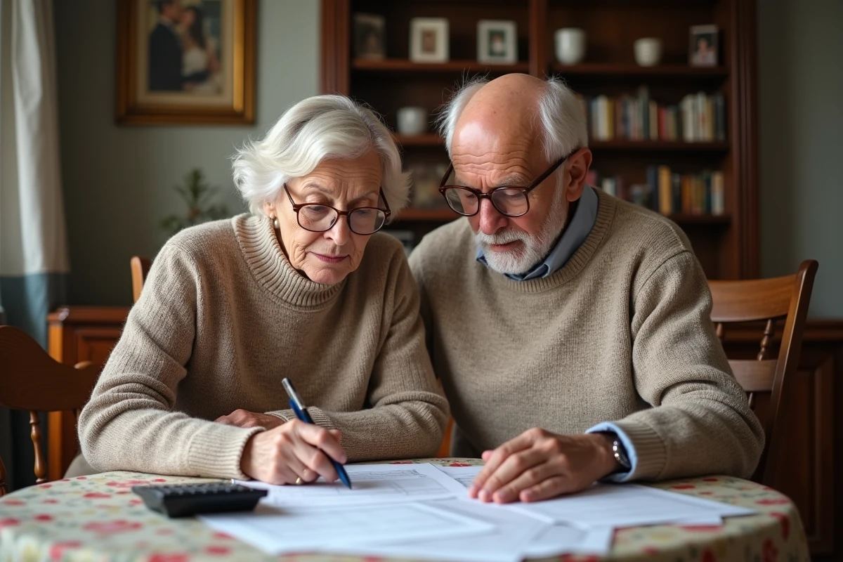 Couple de seniors examinant ensemble leur déclaration d'impôts avec calculatrice et documents fiscaux étalés sur la table