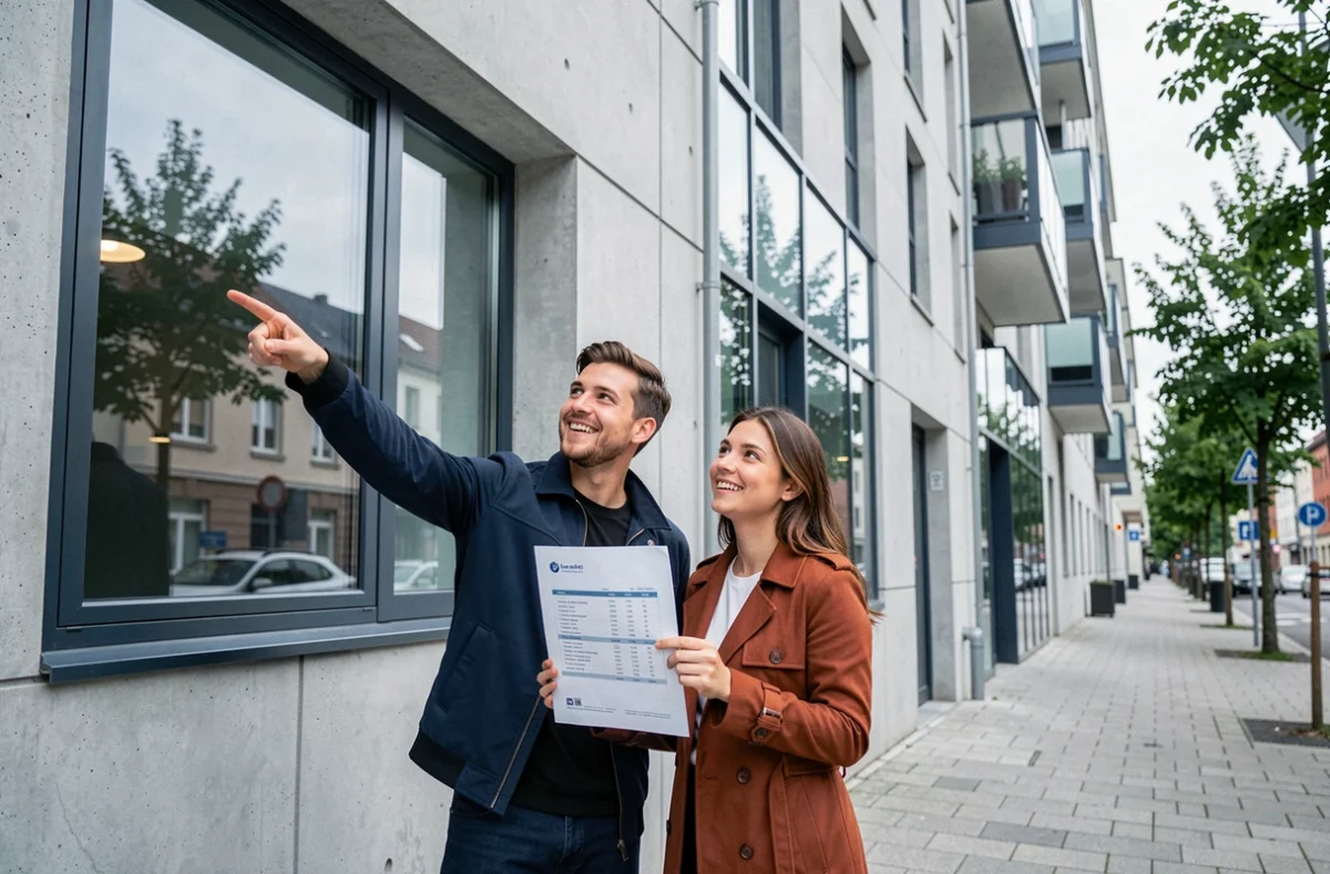 Couple visitant un appartement à louer trouvé via une annonce immobilière en ligne