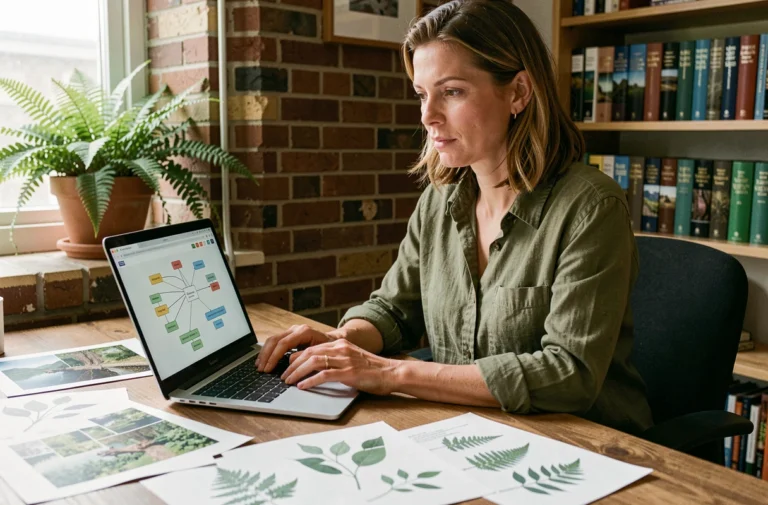 Femme créant un sitemap pour un site web nature sur son ordinateur portable dans un bureau décoré de plantes et de photos de nature
