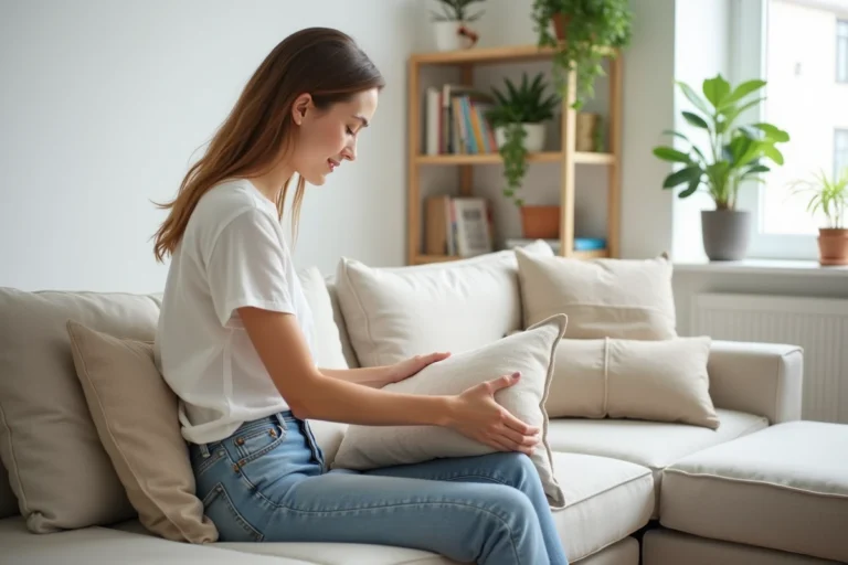 Femme arrangeant des coussins décoratifs sur un canapé scandinave dans un salon moderne et épuré