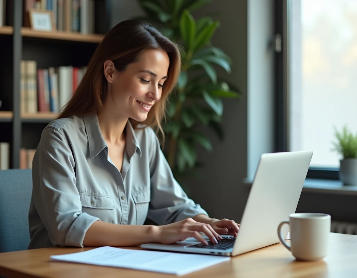 Femme utilisant un ordinateur portable pour effectuer des démarches administratives d'état civil en ligne depuis son bureau à domicile