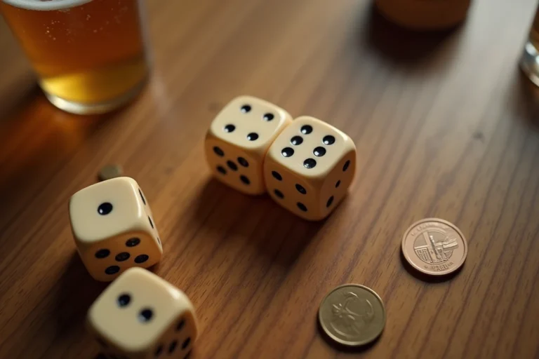 Trois dés ivoire montrant la combinaison 421 sur une table en bois avec des pièces de monnaie et un verre de bière, jeu du 421