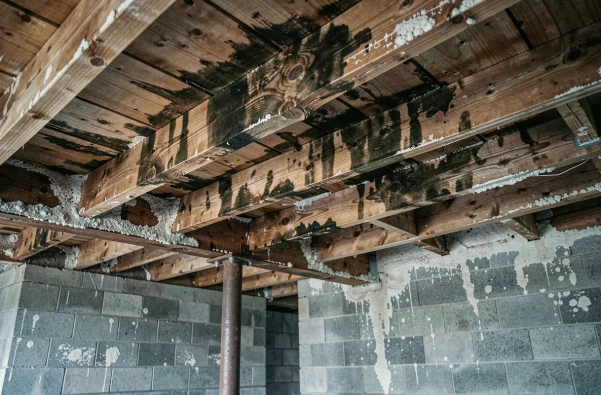 Vue depuis le sous-sol montrant des solives de plancher détériorées avec moisissures et traces d'humidité