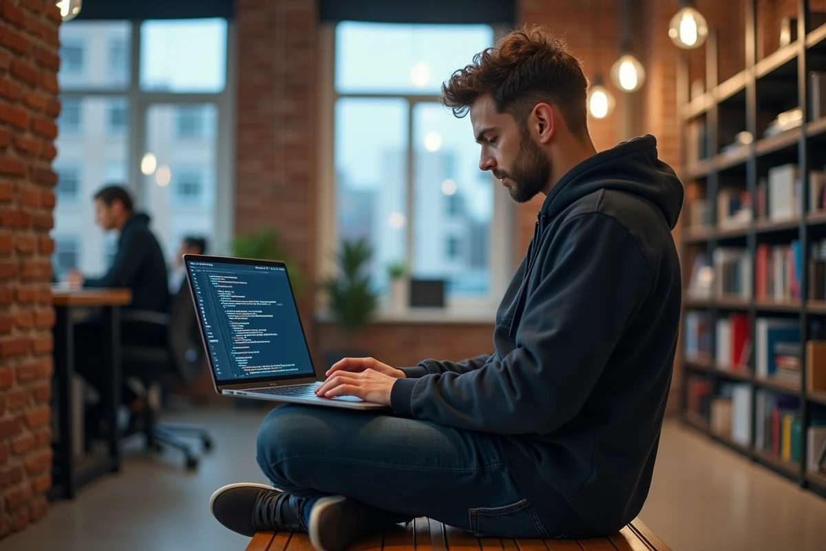 Développeur informatique en télétravail codant une solution sur mesure pour une entreprise dans un espace de coworking