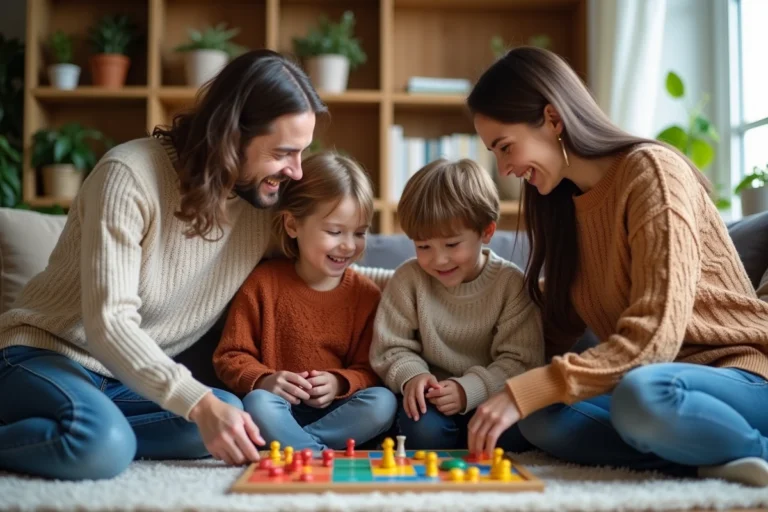 Famille mixte jouant à un jeu de société dans un salon chaleureux