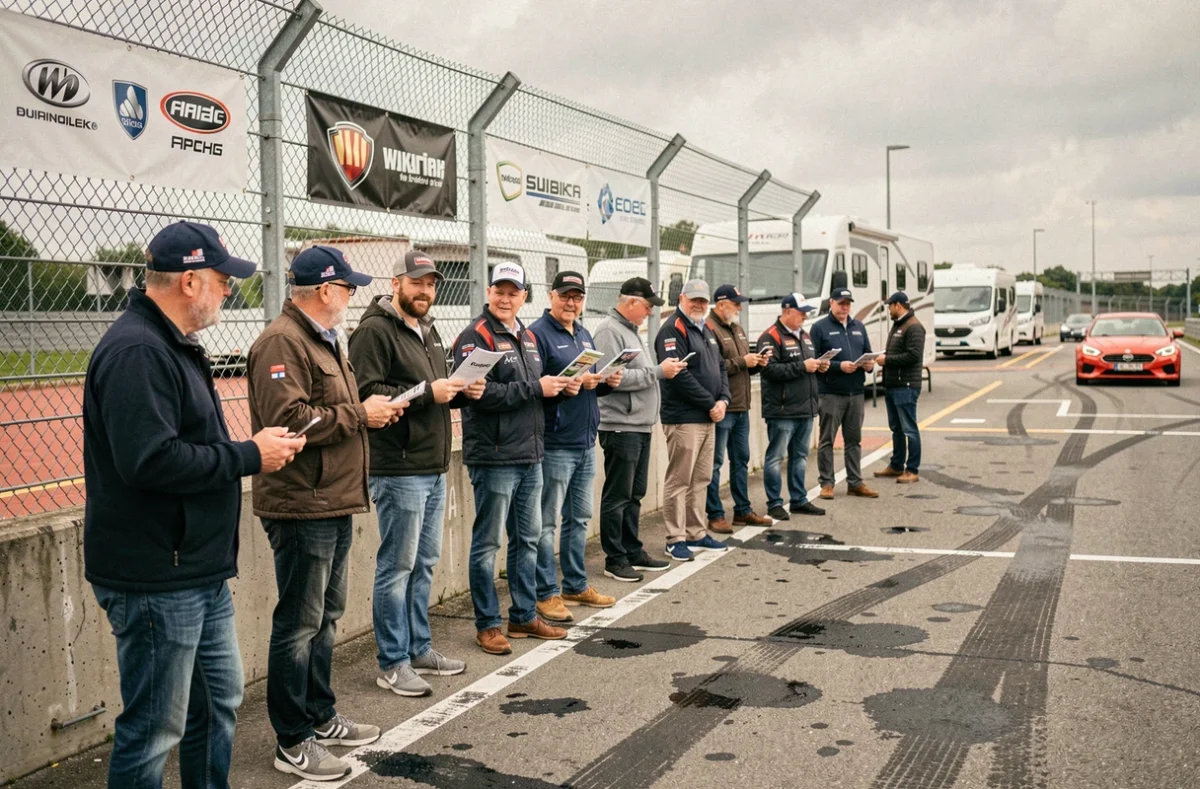 Groupe de fans de sports automobiles dans le paddock d'un circuit, regardant les voitures de course avec enthousiasme