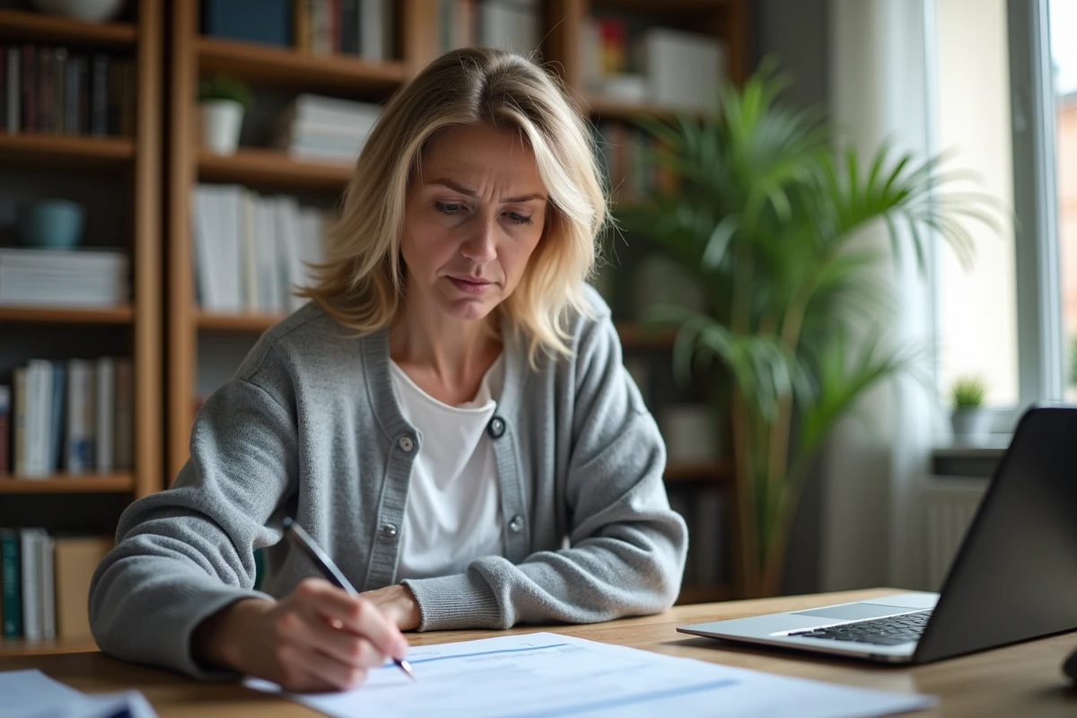Femme remplissant sa déclaration d'impôts à son bureau à domicile, stylo en main, concentrée sur les cases du formulaire fiscal