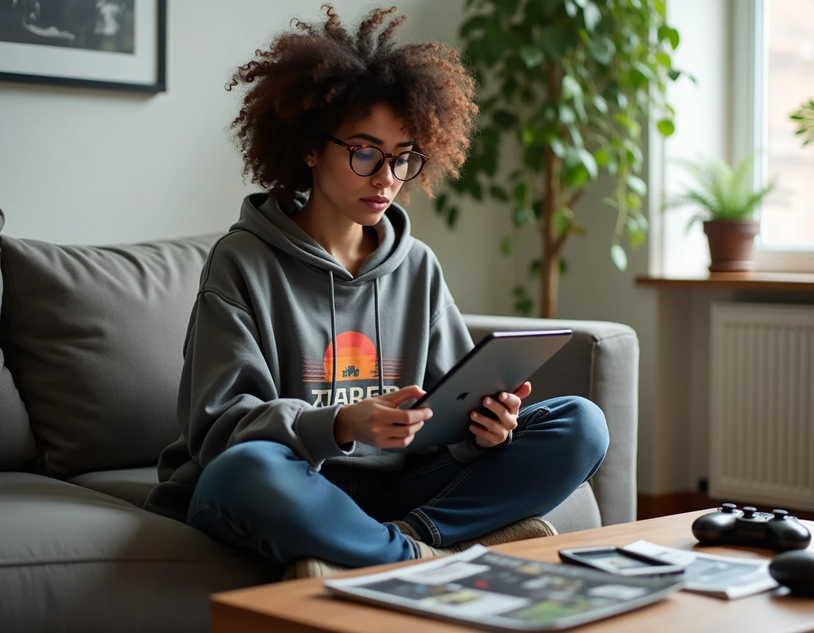 Femme geek avec lunettes rondes consultant un flux d'actualités geek sur une tablette, assise confortablement dans un salon moderne avec des magazines tech et une console de jeux