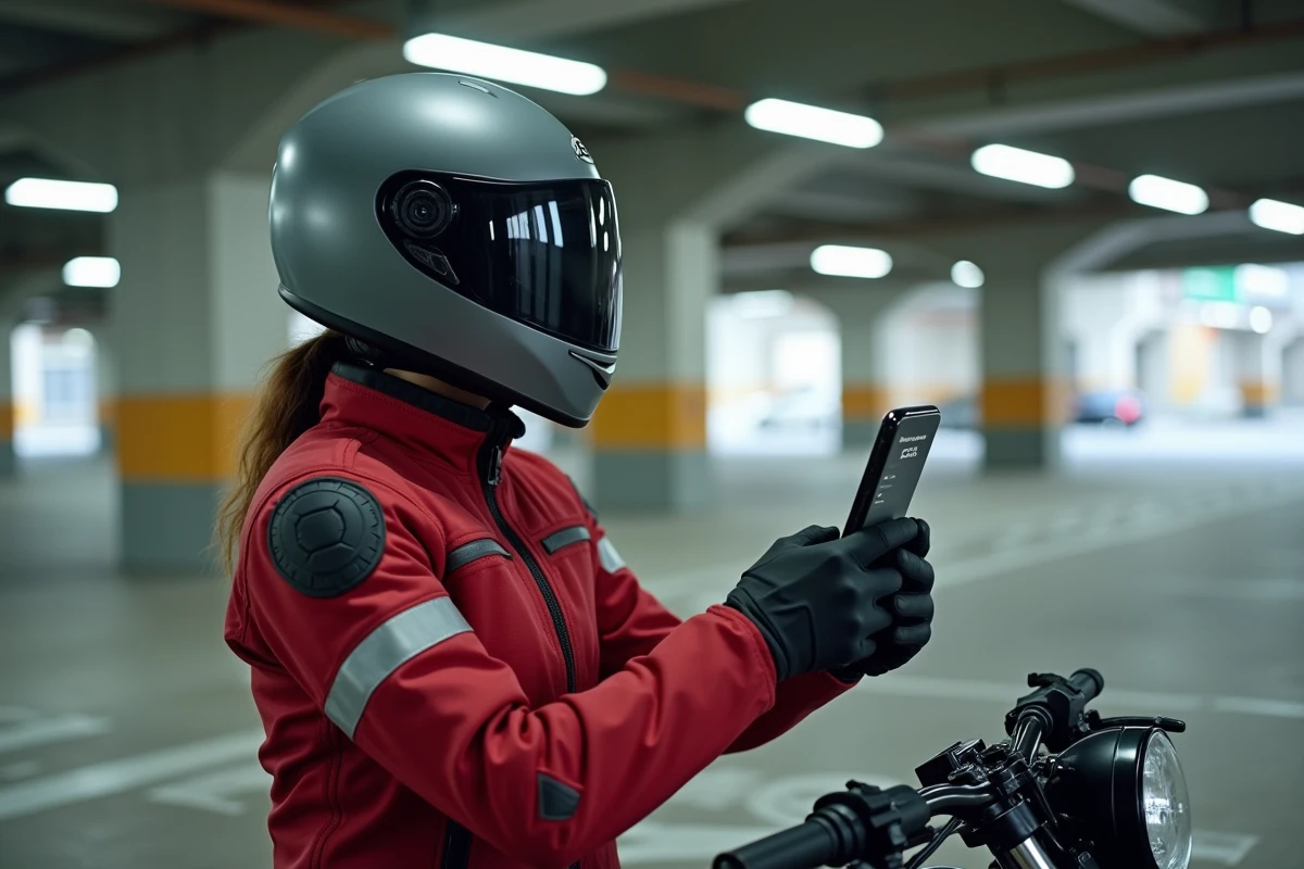 Femme motarde configurant le mode moto sur l'application Waze dans un parking souterrain