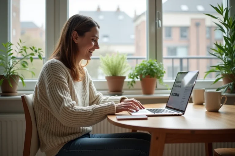 Femme souriante vérifiant une confirmation de paiement sur son ordinateur dans un appartement moderne