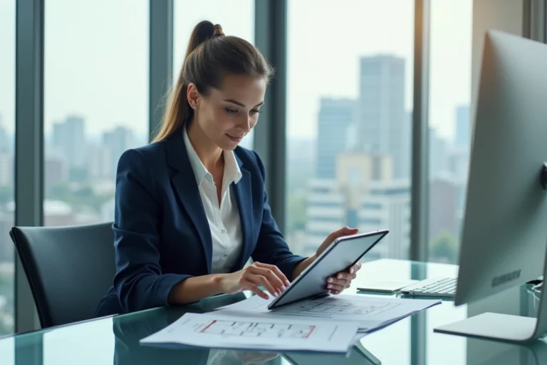 Femme d affaires dans un bureau moderne avec tablette