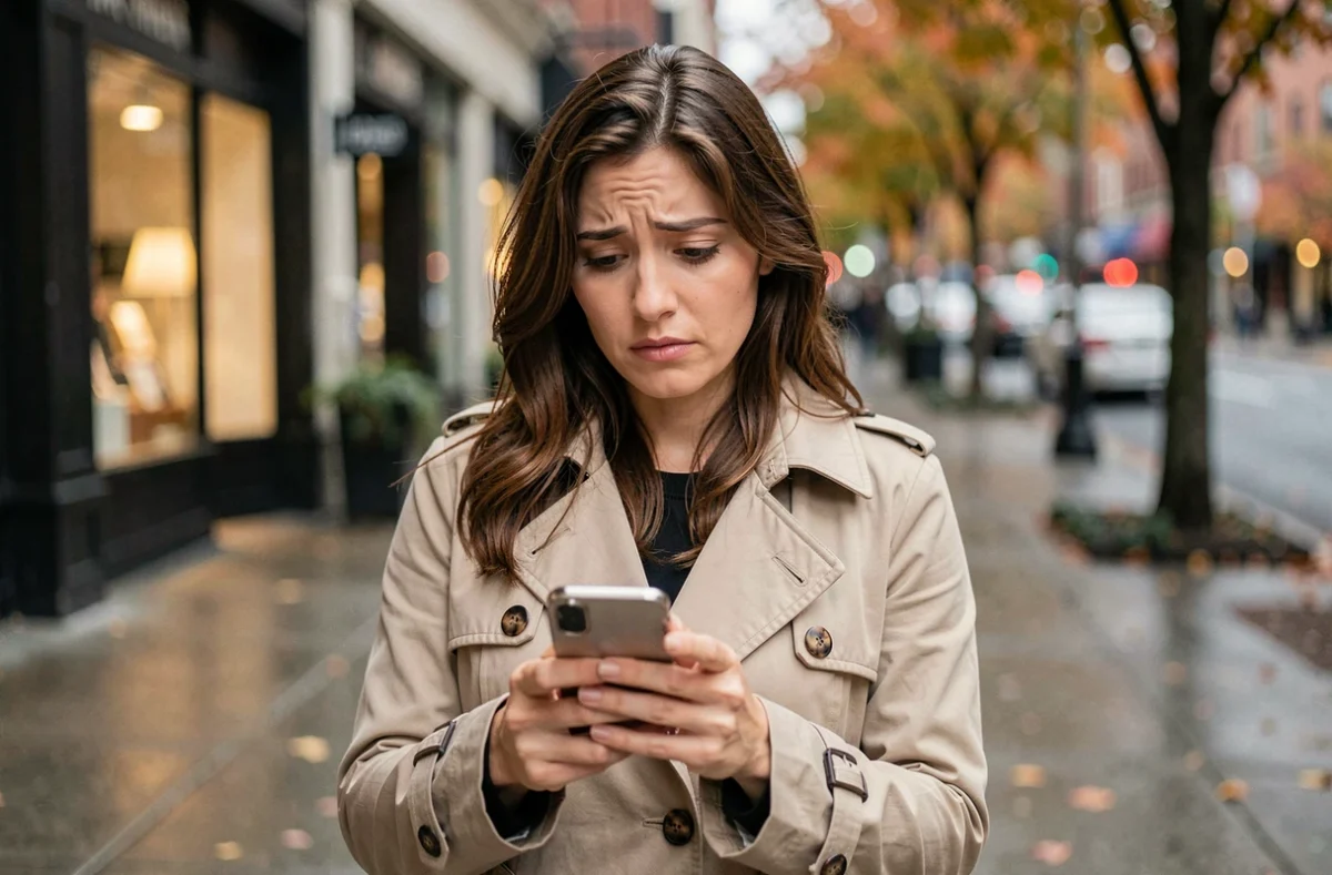 Une femme perplexe et pensive lit un message sur son téléphone dans la rue, cherchant à comprendre la signification de 'fais attention à toi'