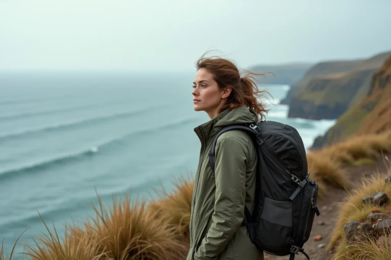 Femme en randonnée sur une falaise côtière venteuse