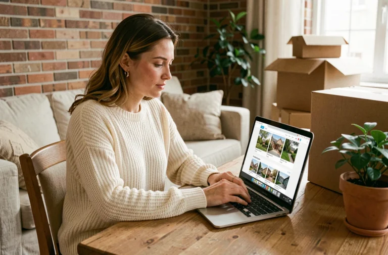 Femme consultant des annonces de location immobilière sur un ordinateur portable depuis son salon
