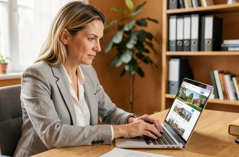 Femme consultant des ressources immobilières en ligne sur un ordinateur portable dans un bureau à domicile moderne