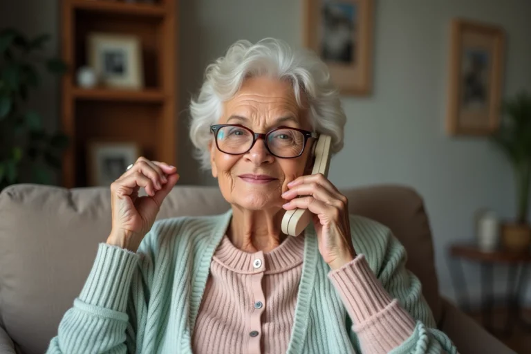 Femme senior souriante tenant un téléphone Dorostyle