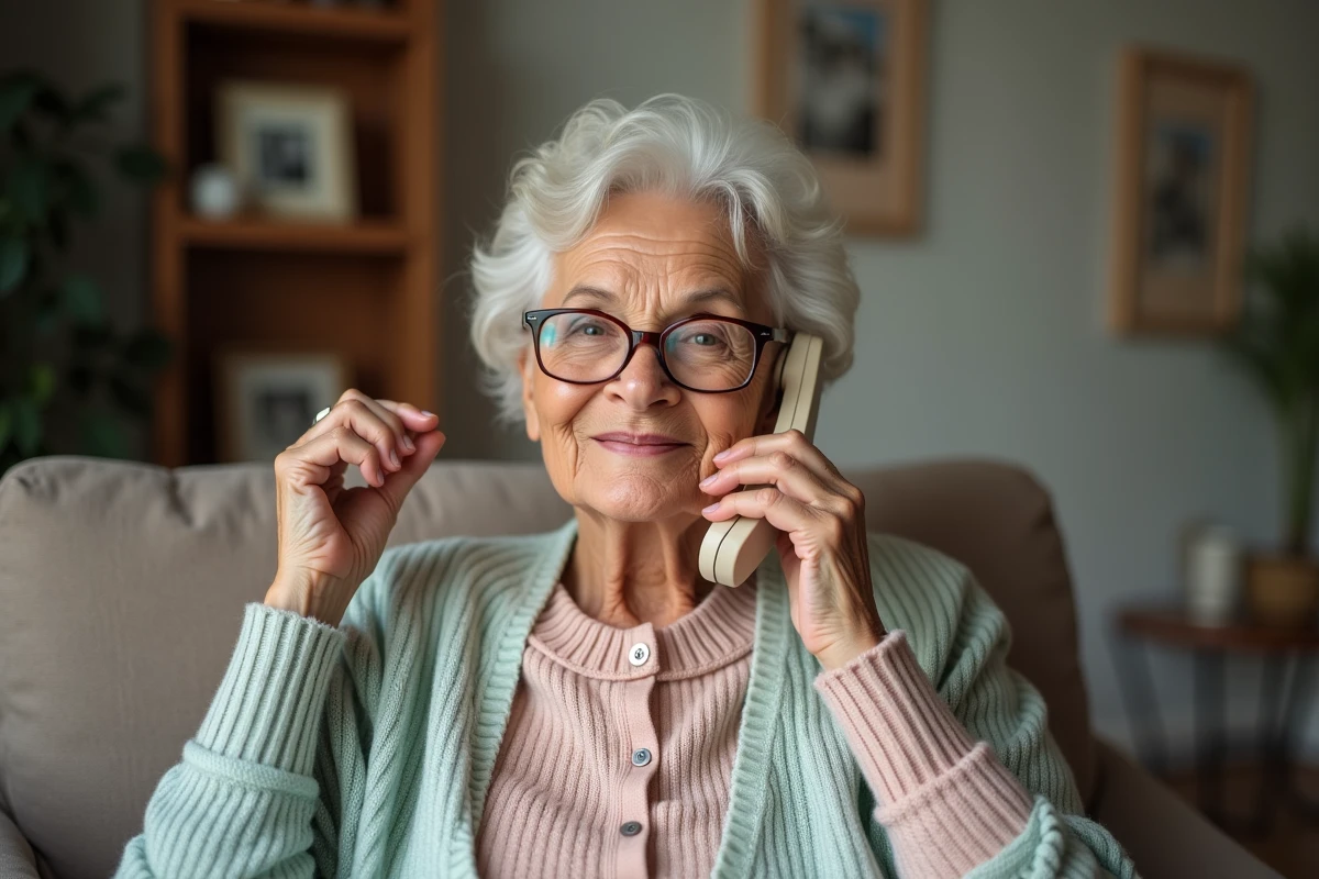 Femme senior souriante tenant un téléphone Dorostyle