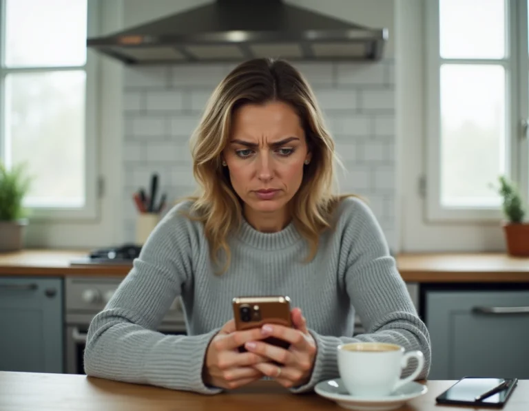 Femme consultant son smartphone dans une cuisine moderne pour identifier un numéro inconnu via un annuaire inversé