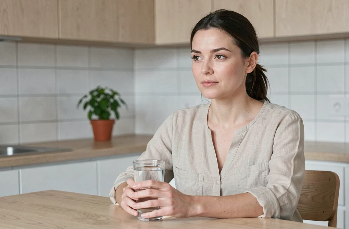 Femme tenant un verre d'eau dans une cuisine minimaliste pendant le jeûne intermittent