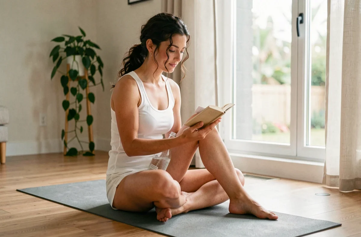 Femme assise sur un tapis de yoga avec une bouteille d'eau pétillante pendant le jeûne intermittent