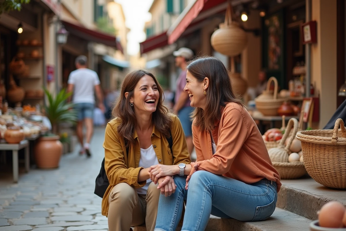 Deux femmes riant dans un marché méditerranéen coloré
