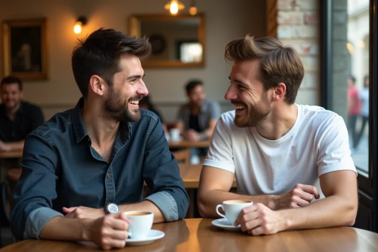 Deux hommes souriants assis dans un café parisien, partageant un moment complice autour d'un café