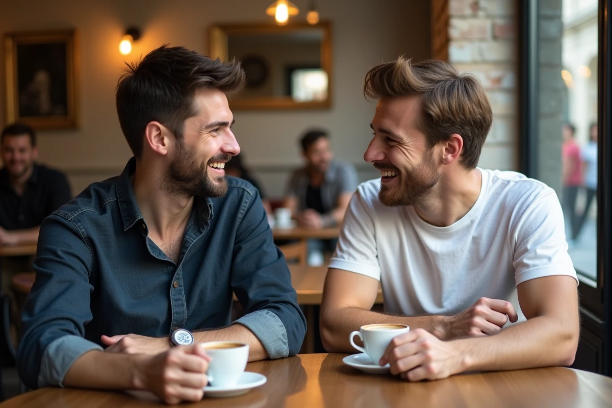 Deux hommes souriants assis dans un café parisien, partageant un moment complice autour d'un café