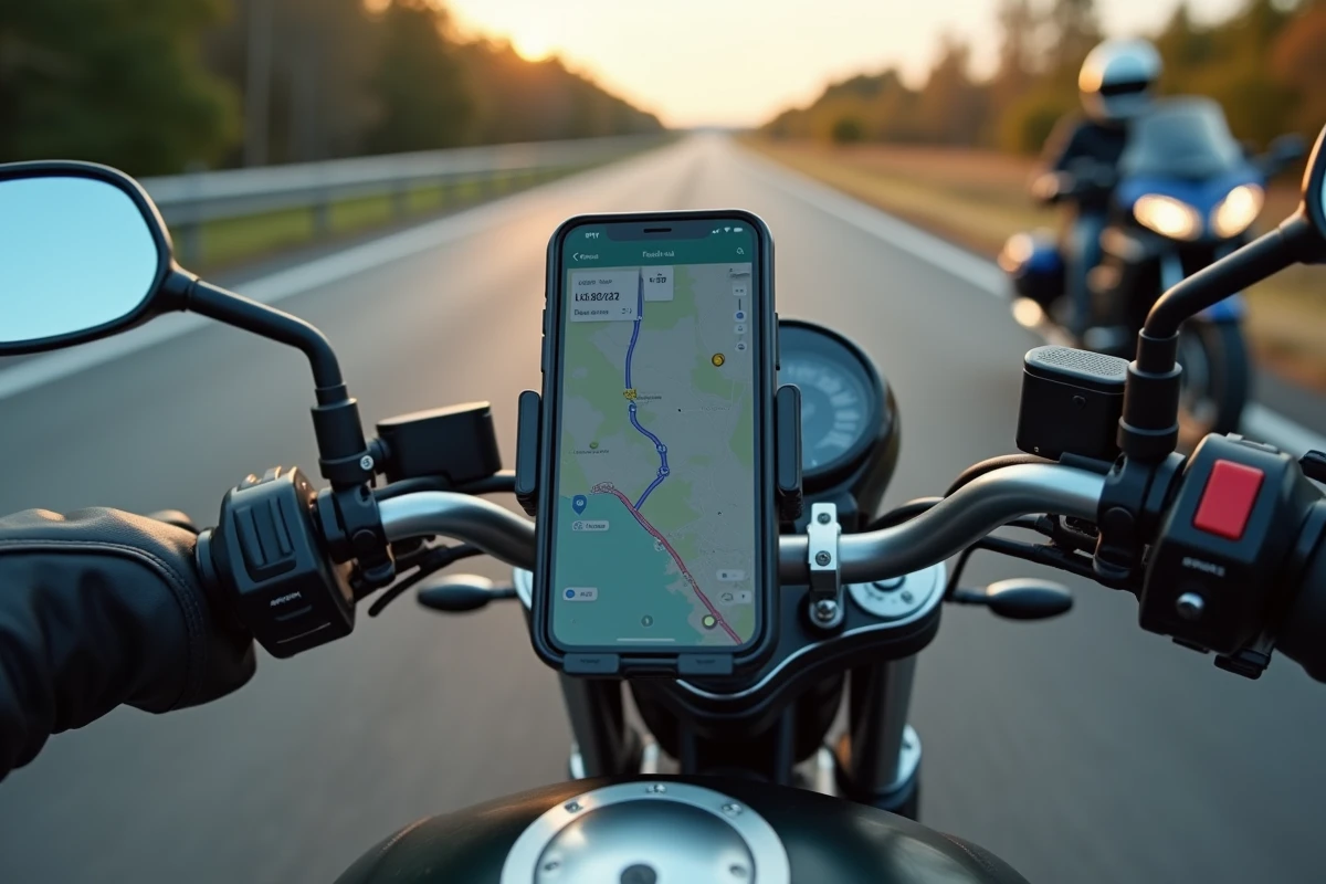 Gros plan sur un smartphone affichant Waze en mode moto fixé sur le guidon d'une moto sur une aire de repos