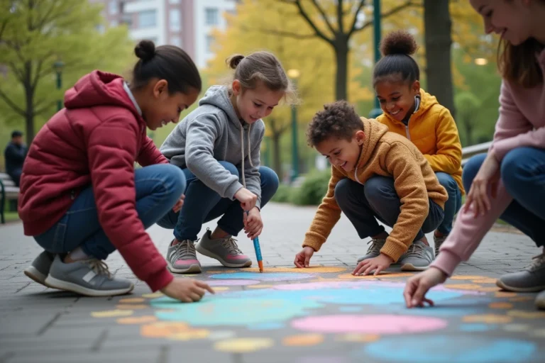 Groupe d'adultes et enfants créant des dessins à la craie dans un parc