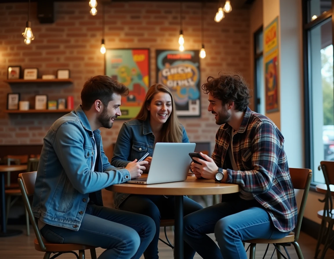 Groupe de jeunes adultes passionnés de culture geek réunis dans un café branché, discutant des dernières actualités et tendances geek autour de leurs appareils numériques