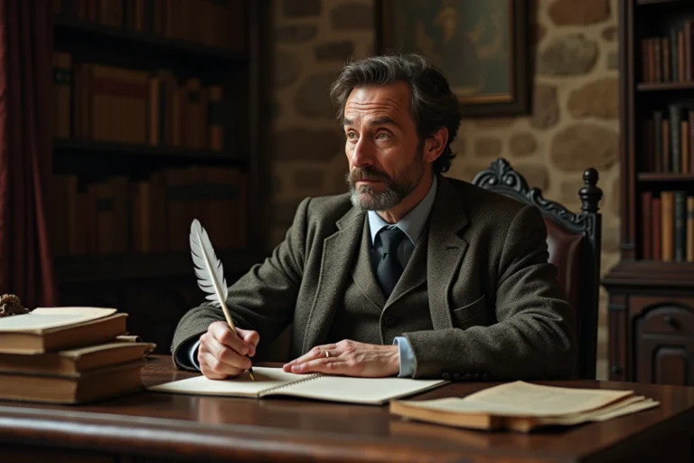 Historien en tweed dans une salle d'études ancienne