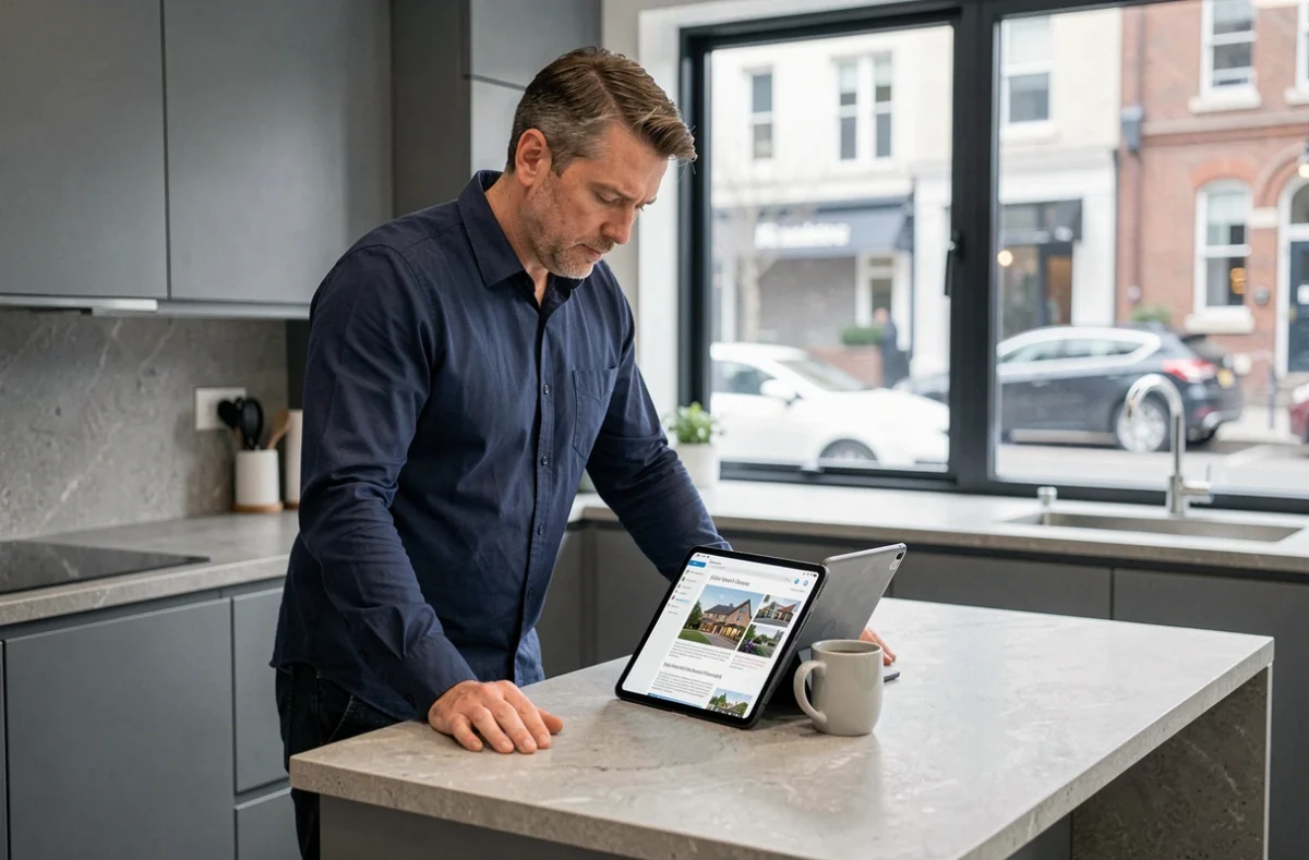 Homme parcourant des articles immobiliers sur une tablette dans une cuisine contemporaine
